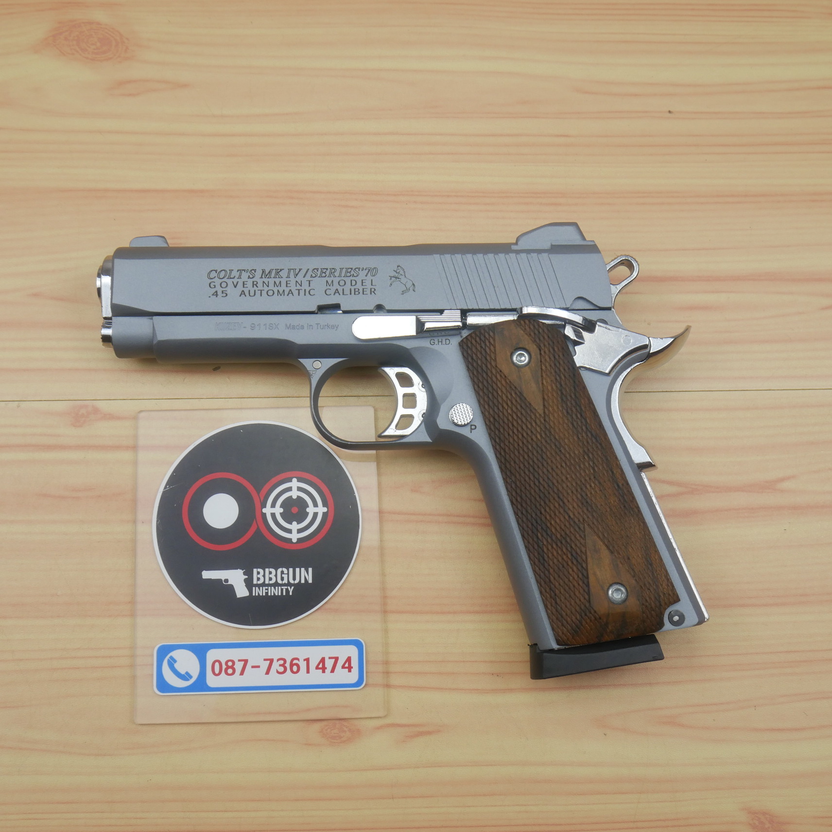 แบลงค์กัน KUZEY M1911 COLT MK IV SR70 สีสโมค 4 นิ้ว ด้ามไม้ blank gun