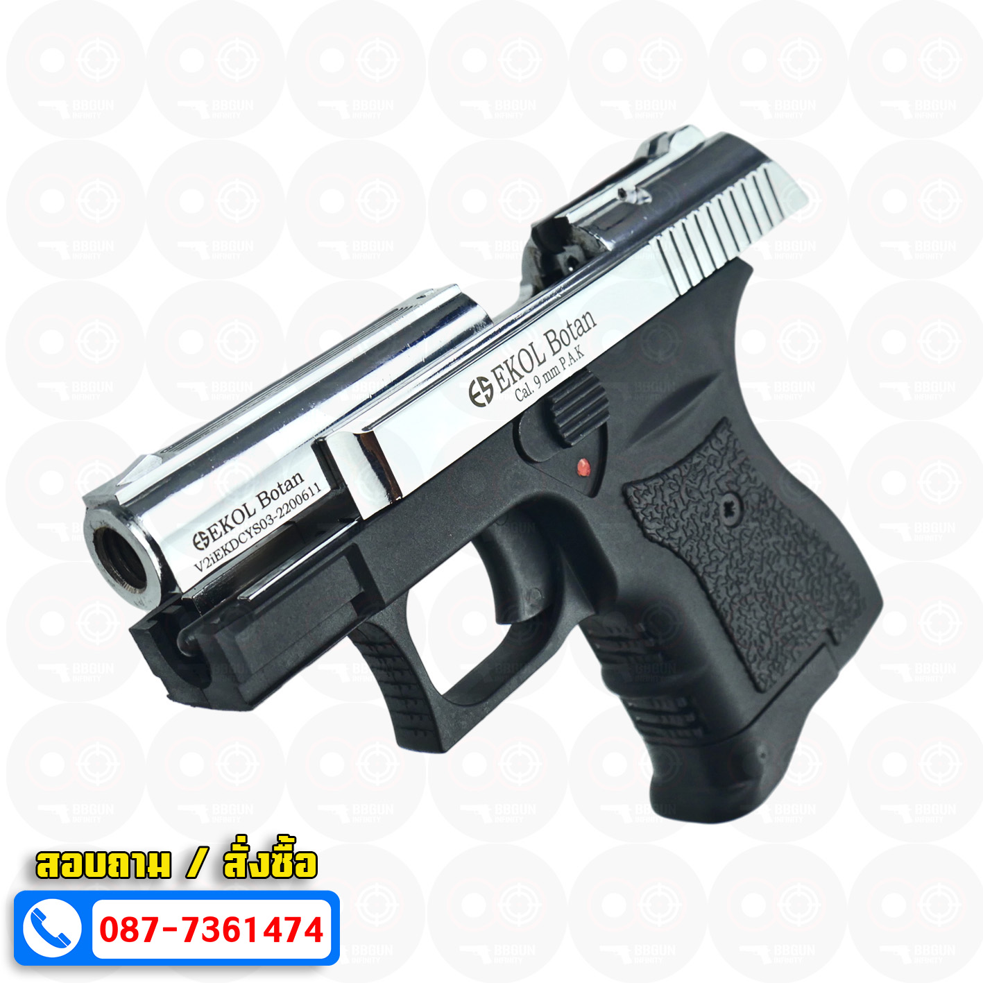 แบลงค์กัน EKOL BOTAN Shiny Chrome สีโครเมี่ยมเงา 9 mm P.A.K. Blank gun (แถมกล่องใส่ปืน)