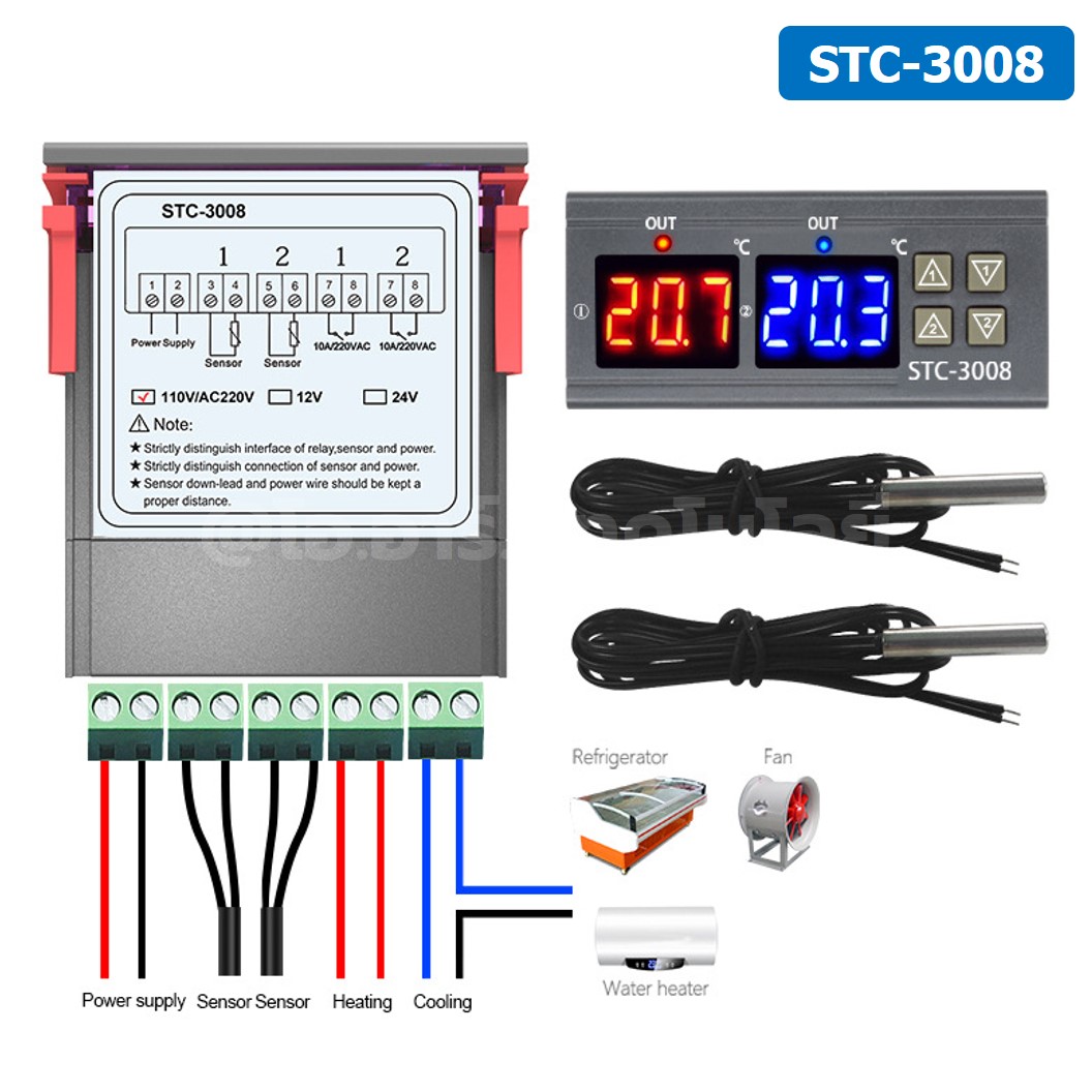 STC-1000/STC-3008/STC-3028 12VDC/24VDC/220VAC เครื่องควบคุมอุณหภูมิ NTC Temperature Controller ตัวควบคุมอุณหภูมิ Thermostat Control Regulator STC1000/STC3008/STC3028