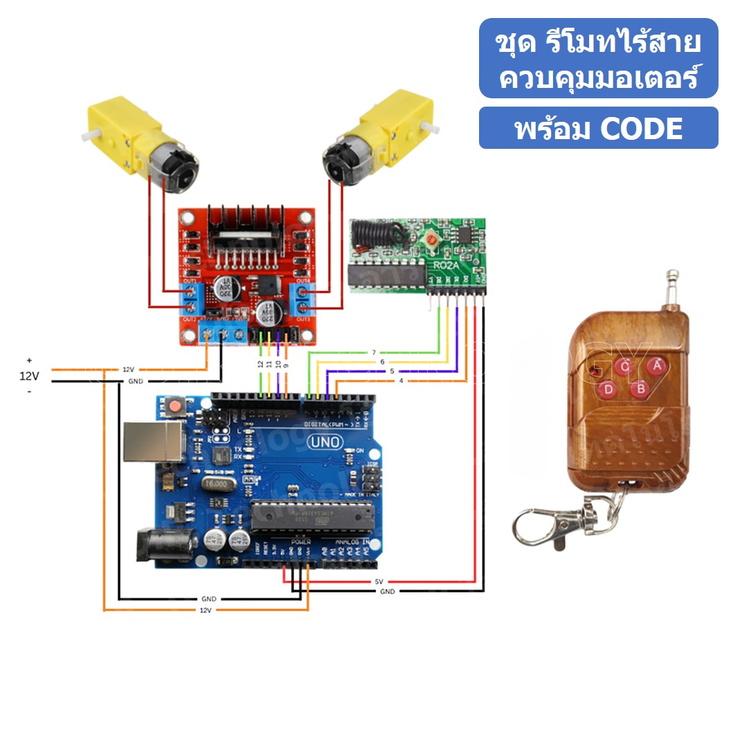 (1ชุด) PJ-RF001 ชุดรีโมทไร้สายควบคุมมอเตอร์ Arduino UNO R3 พร้อม Code และคำอธิบาย สำหรับ รถบังคับ เรือบังคับ ชุด รีโมทไร้สาย 4 ปุ่ม ควบคุมมอเตอร์