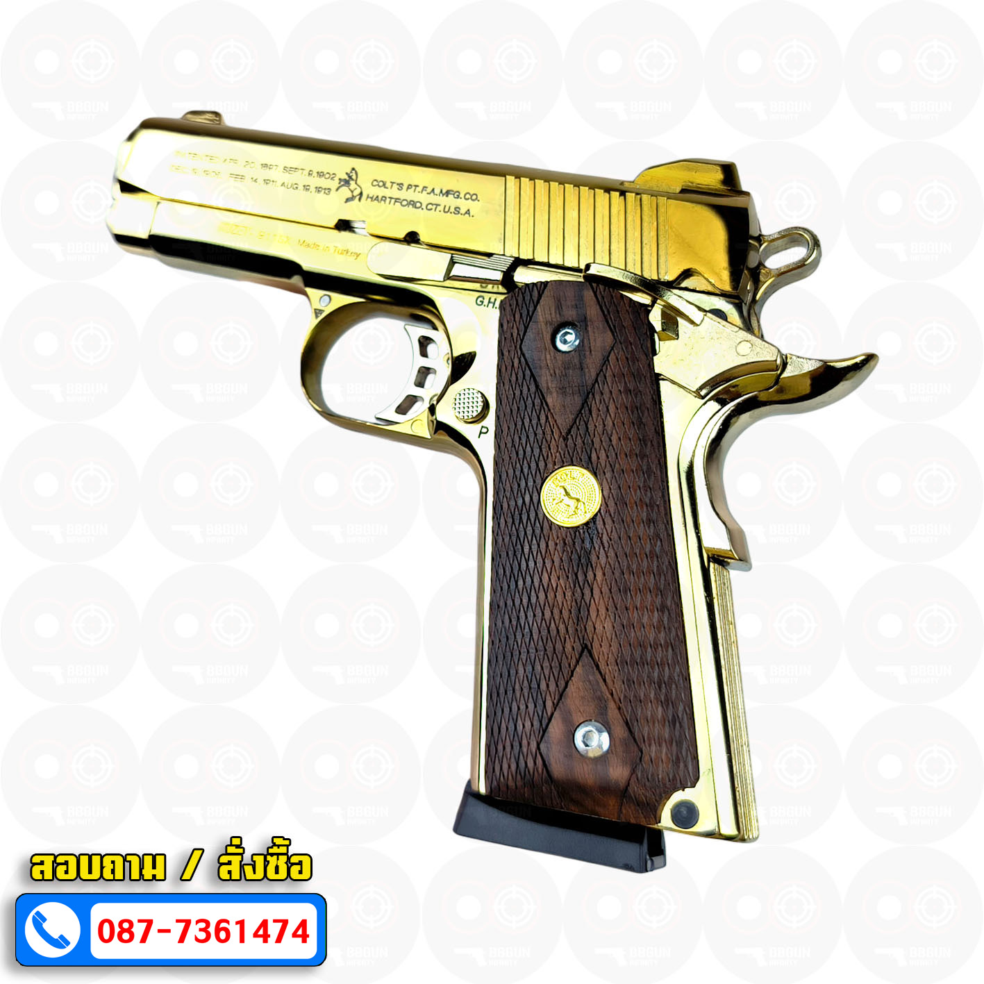 Blank Gun KUZEY M1911 COLT'S 100 ปี สีทอง 4 นิ้ว แบลงค์กัน ด้ามไม้