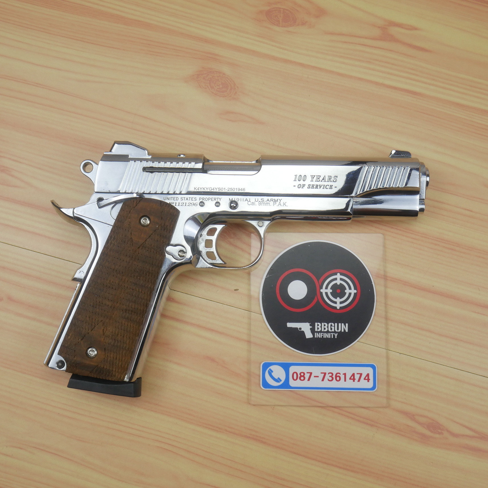 แบลงค์กัน KUZEY M1911 COLT'S 100 ปี สีเงินเงา 5 นิ้ว ด้ามไม้ blank gun