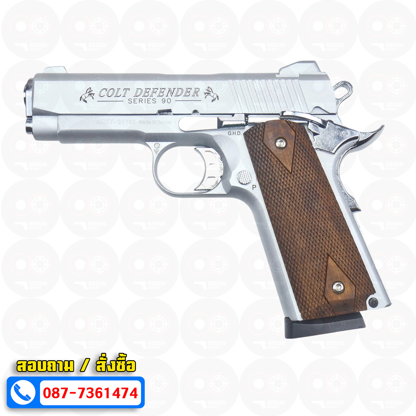 แบลงค์กัน KUZEY M1911 COLT'S DEFENDER SERIES 90 สีเงินด้าน 4 นิ้ว ด้ามไม้ Blank Gun
