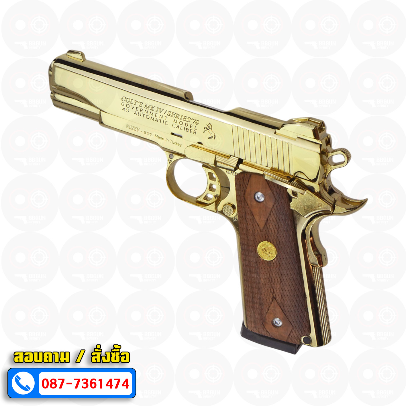 แบลงค์กัน KUZEY M1911 ลำ 5 นิ้ว COLT'S MK IV SERIES'70 blank gun สีทอง ด้ามไม้