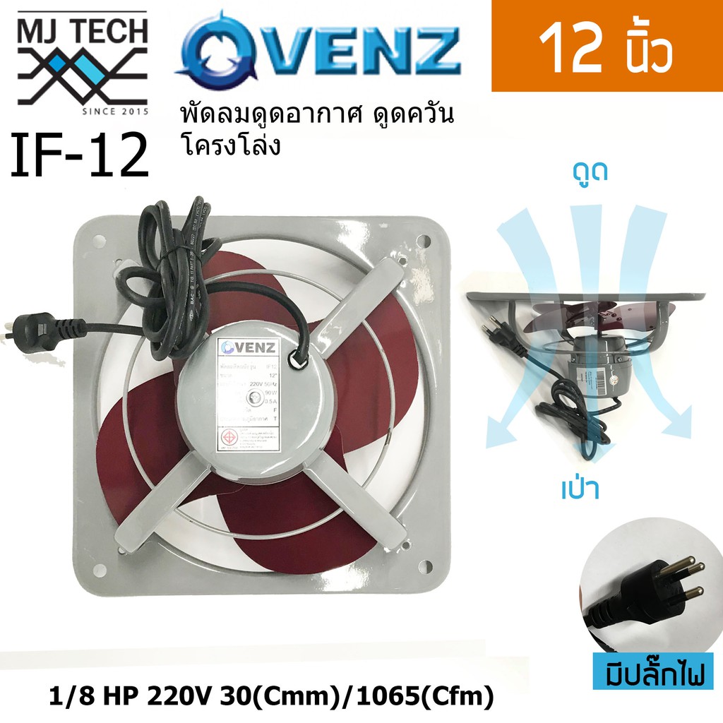 VENZ พัดลมอุตสาหกรรมใบแดง พัดลมดูดควัน โครงโล่ง (หมุนกลับทาง) ขนาด 12 นิ้ว รุ่น IF-12E