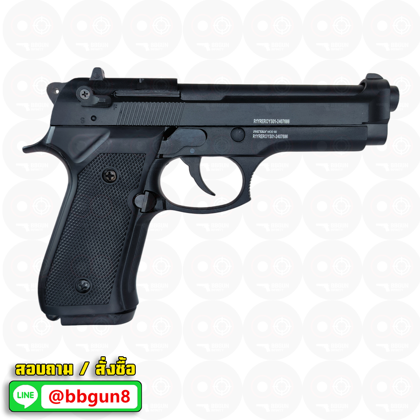 Retay mod 92 black blank gun Beretta M92 รีเท บาเร็ตต้า เอ็ม 92 แบลงค์กัน สีดำ (แถมกล่องใส่ปืน แม็กกาซีน 2 อัน หัวต่อพุ)