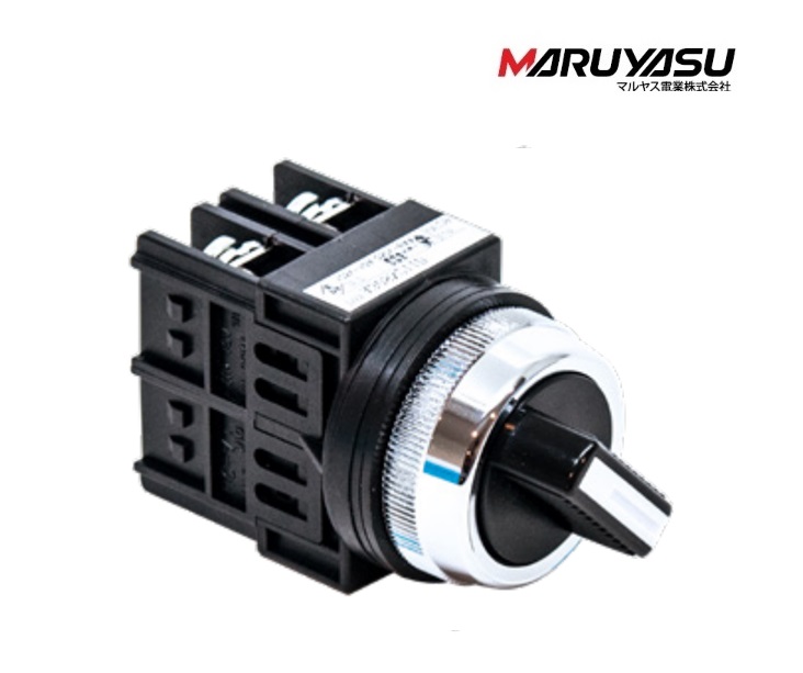 MARUYASU A22SN2L11B, A25SN2L11B, A30SN2L11B,, สวิทช์ลูกศร 2 จังหวะ สีดำ ON-OFF สปริงซ้าย φ22 ,25,30 mm. 1NO 1NC