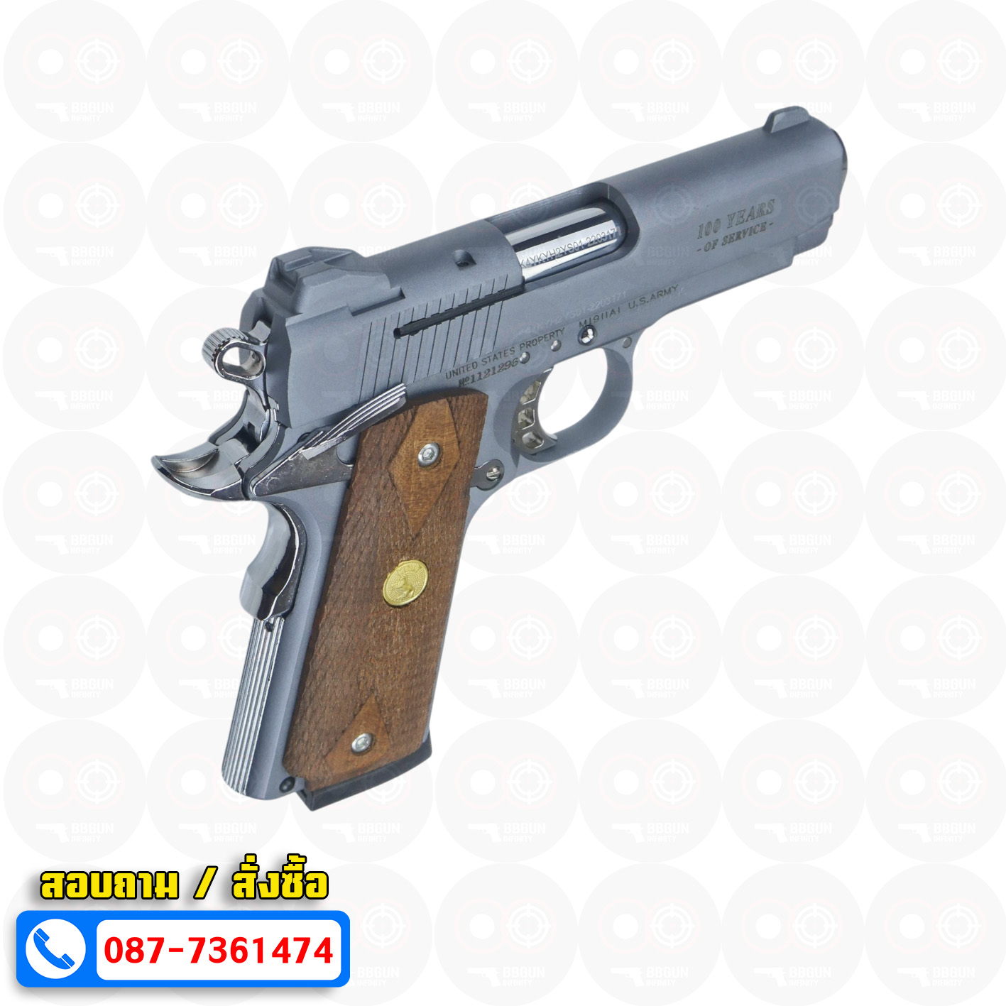 แบลงค์กัน KUZEY M1911 COLT GOVERMENT 100 Year Smoke 4 นิ้ว สีสโมค blank gun ด้ามไม้