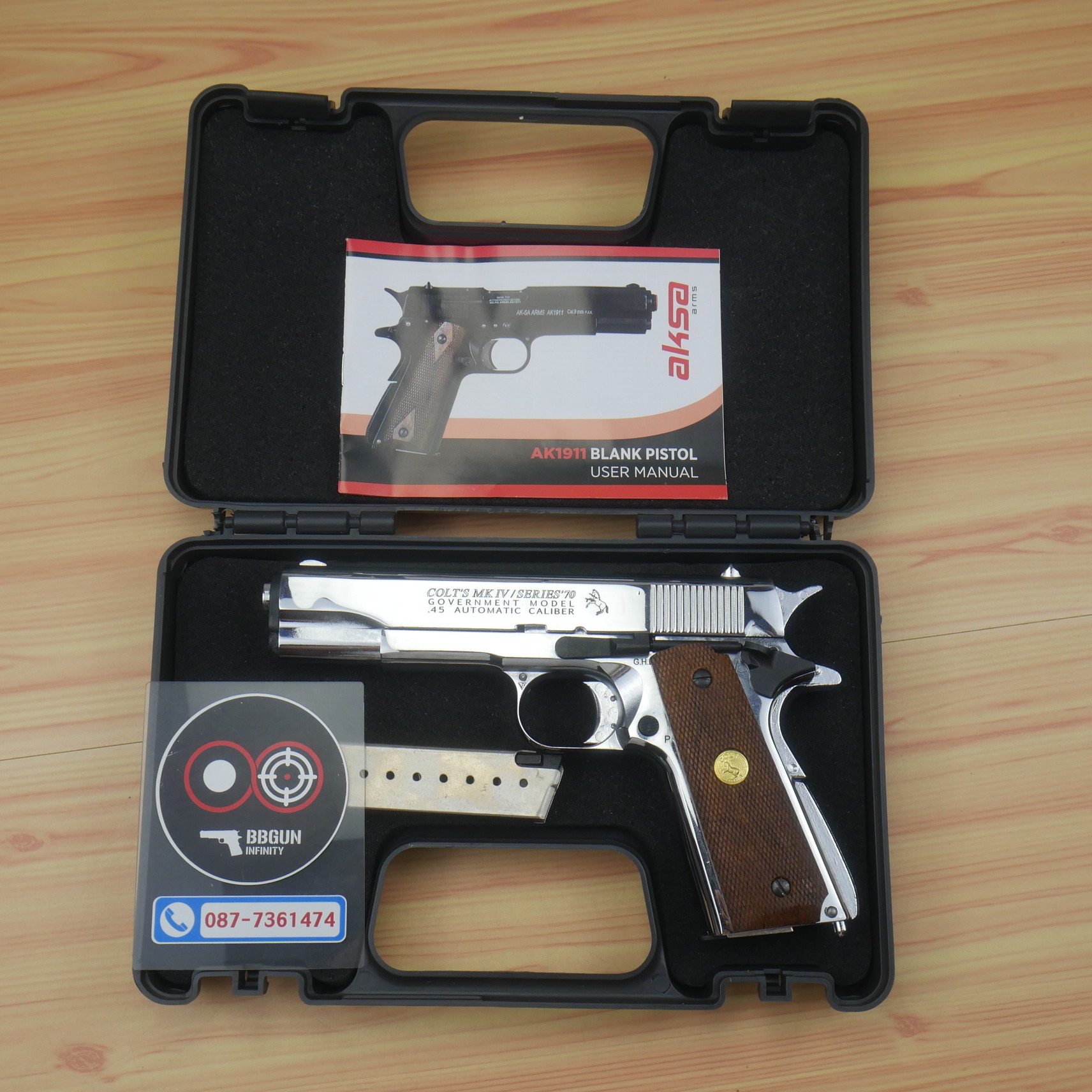 แบลงค์กัน AKSA Colt MK IV/SERIES ' 70 1911 สีเงินเงา กริปไม้ (2 แม็กกาซีน) BLANK GUN