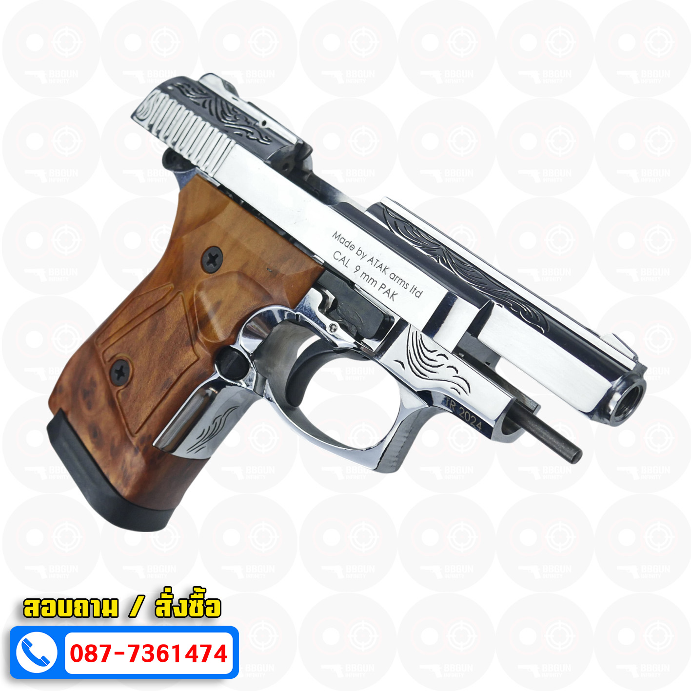 ปืนแบลงค์กัน Zoraki 914-TD Auto สีเงินเงาแกะลาย ด้ามลายไม้ 9mm P.A.K. Blank gun (แถมกล่องใส่ปืน)