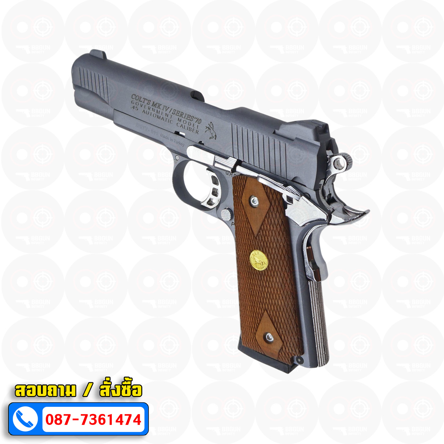 แบลงค์กัน KUZEY M1911 ลำ 5 นิ้ว COLT'S MK IV SERIES'70 blank gun สีสโม๊ค (smoke) ด้ามไม้