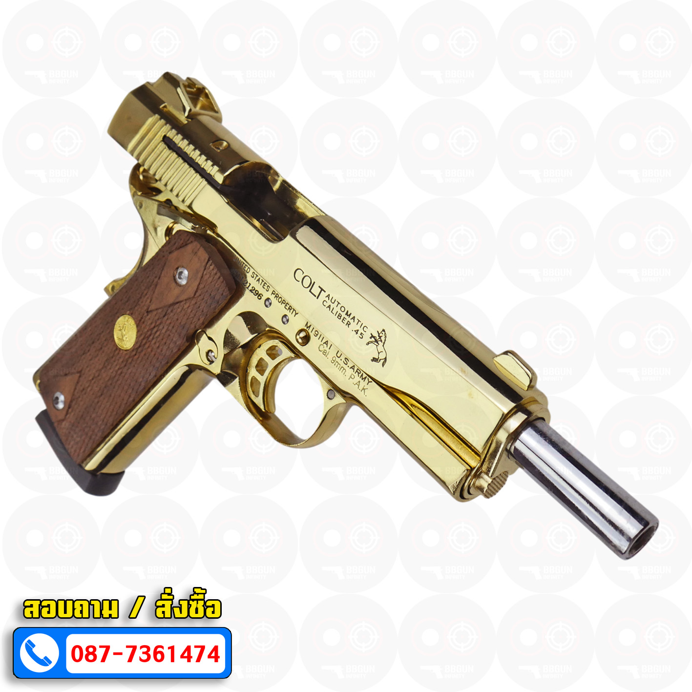 แบลงค์กัน KUZEY M1911 ลำ 5 นิ้ว COLT'S MK IV SERIES'70 blank gun สีทอง ด้ามไม้