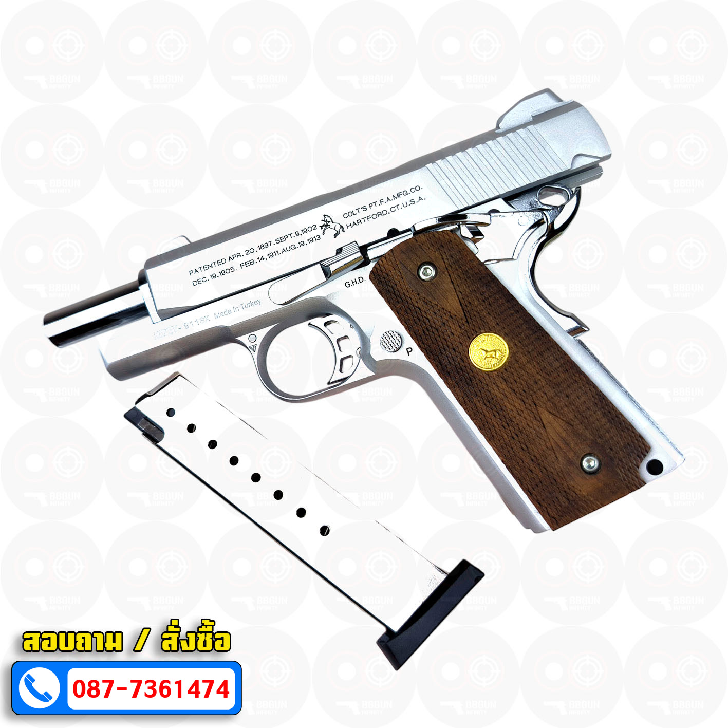 Blank Gun KUZEY M1911 COLT'S 100 ปี สีเงินด้าน 4 นิ้ว แบลงค์กัน ด้ามไม้