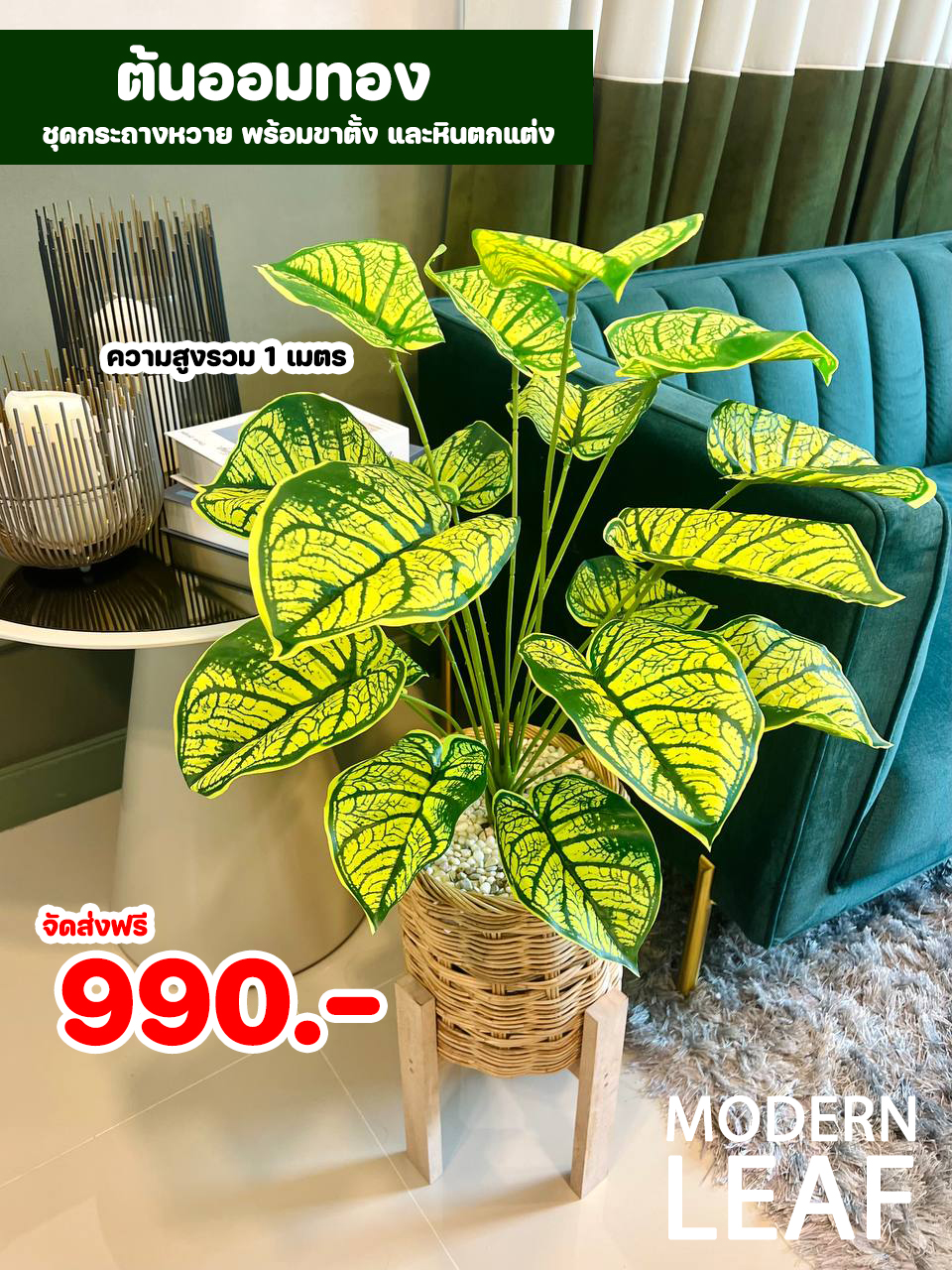 ต้นออมทองปลอม ความสูง 1 เมตร ชุดกระถางหวาย พร้อมขาตั้ง