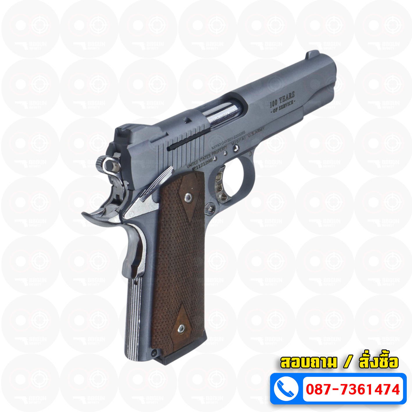 แบลงค์กัน KUZEY M1911 COLT'S 100 ปี สีสโมค ลำกล้อง 5 นิ้ว blank gun ด้ามไม้ (แถมกล่องใส่ปืน)