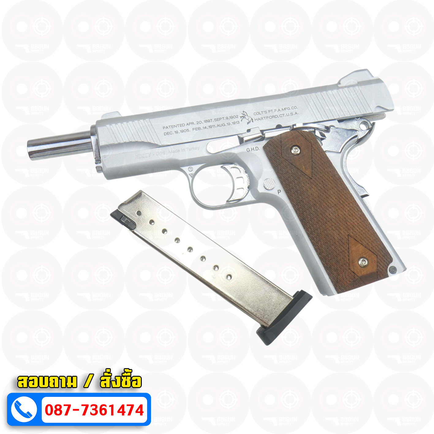 แบลงค์กัน KUZEY M1911 COLT'S 100 ปี สีเงินด้าน 5 นิ้ว ด้ามไม้ blank gun