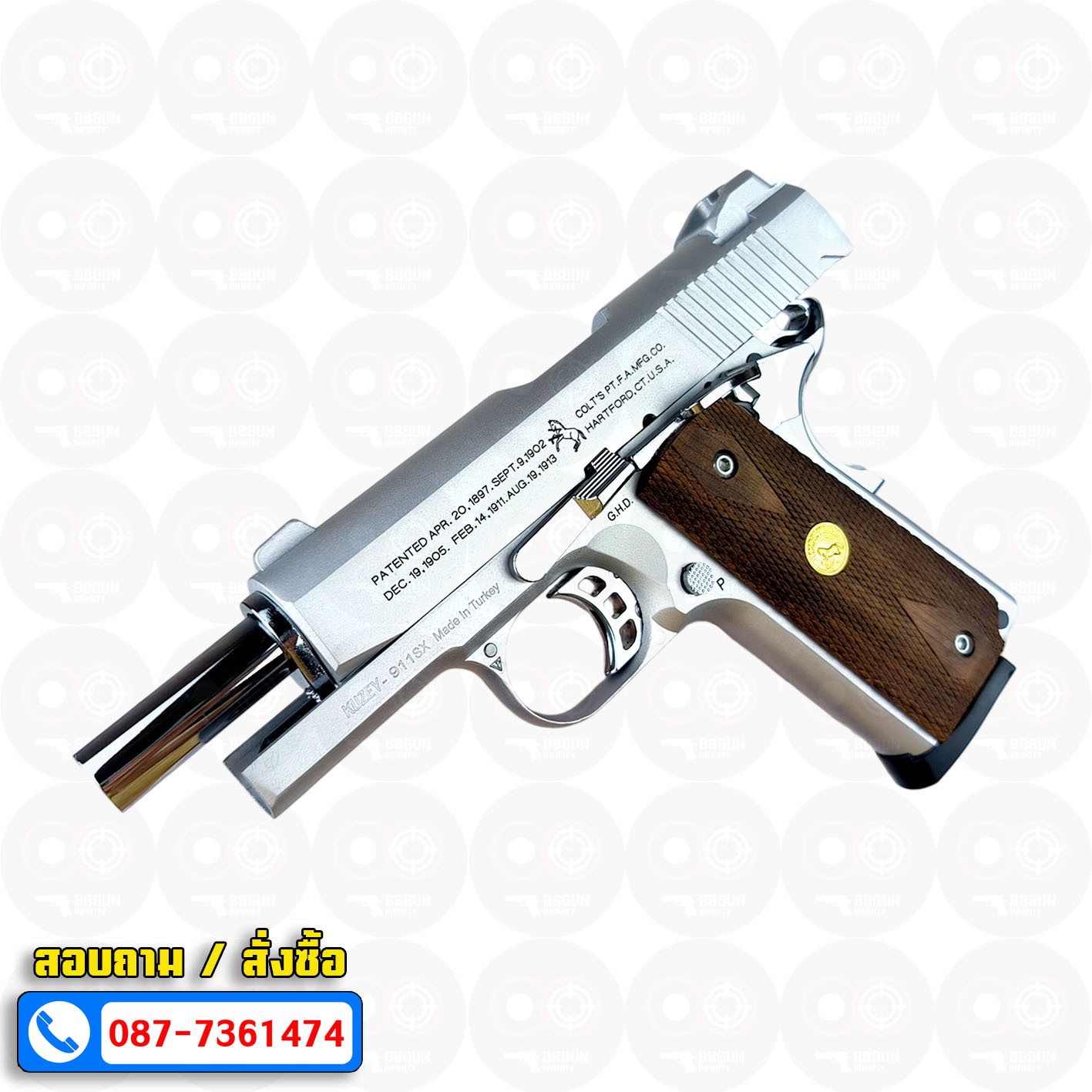 Blank Gun KUZEY M1911 COLT'S 100 ปี สีเงินด้าน 4 นิ้ว แบลงค์กัน ด้ามไม้