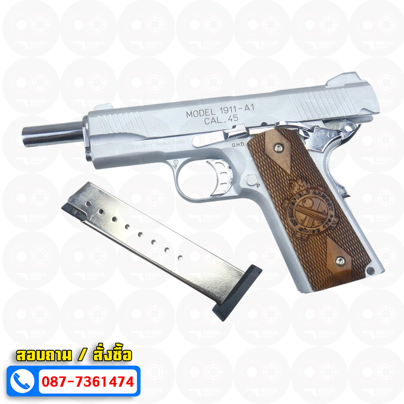 แบลงค์กัน KUZEY M1911-A1 SPRINGFIELD ARMORY สีเงินด้าน 5 นิ้ว blank gun ด้ามไม้