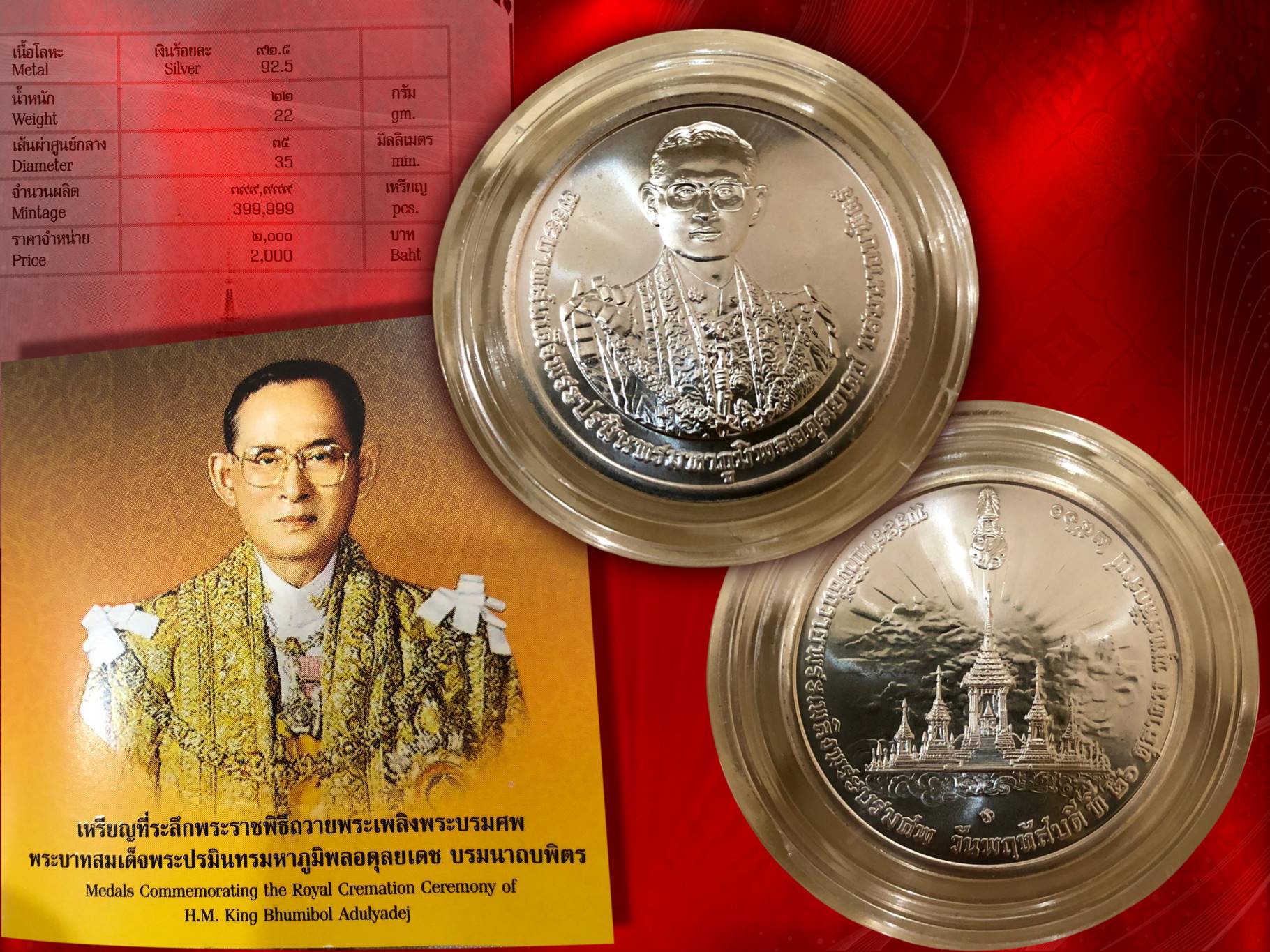 เหรียญที่ระลึกพระราชพิธีถวายพระเพลิงพระบรมศพ ในหลวงรัชกาลที่ ๙ เนื้อเงิน กล่องเดิมๆ งามๆ หายากแล้วครับ ขนาด ๒๖ มิลลิเมตร เหรียญ ที่ระลึกในวาระสุดท้ายของพระองค์ หายากครับ....หมดตั้งแต่ตอนจองช่วงแรก ๆ เลยครับ..........กล่อง+การ์ด ครบถ้วน