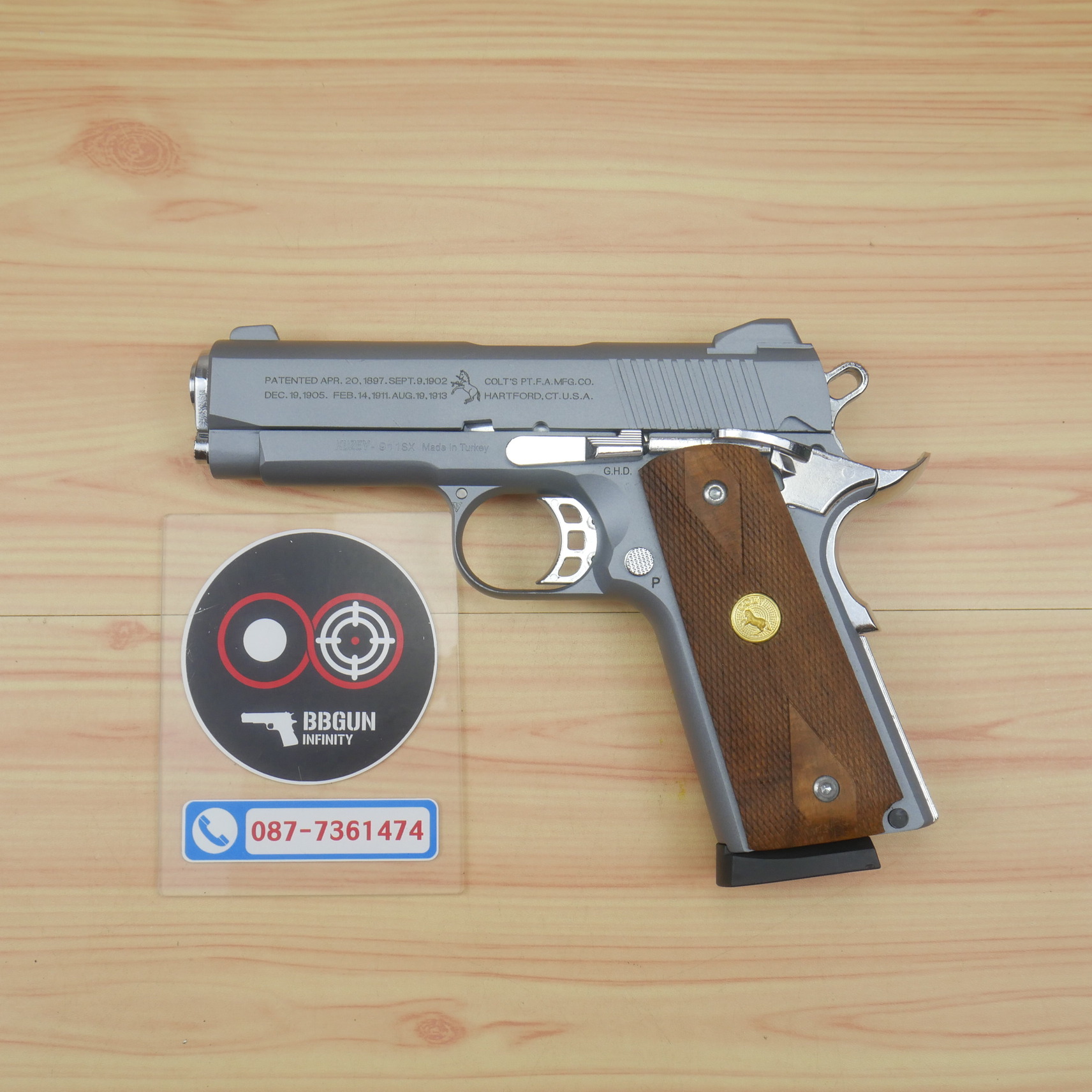 แบลงค์กัน KUZEY M1911 COLT'S 100 ปี สีสโมค 4 นิ้ว blank gun ด้ามไม้