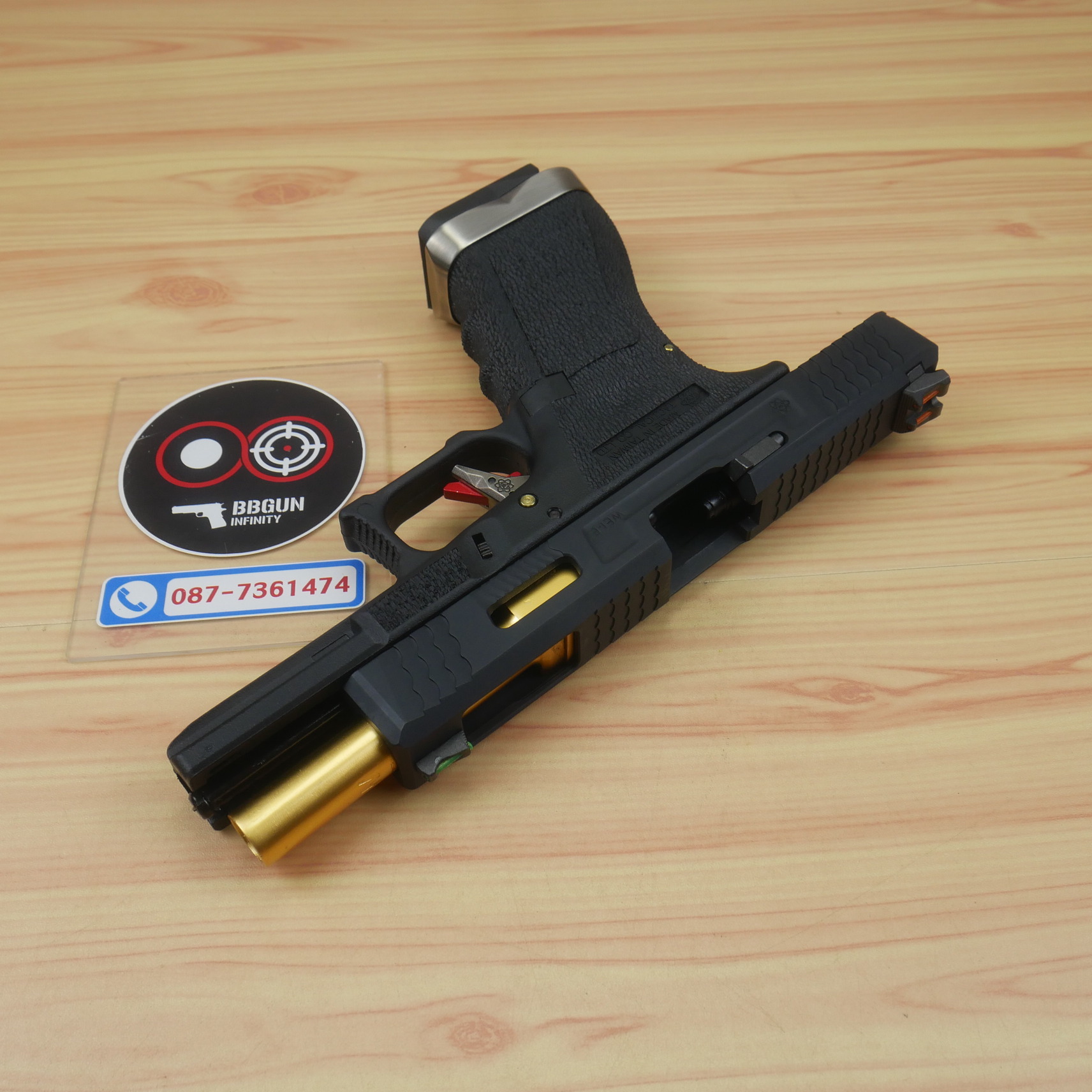 บีบีกันอัดแก๊ส WE Glock 17 G-Force T1 สไลด์ดำ ท่อทอง เฟรมดำ BB GUN
