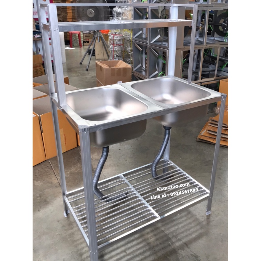 อ่างล้างจาน อ่างคู่ 40x90x124 ซม. ตะแกรงซี่ 1 ชั้น รุ่น M952+บน ซิงค์ สแตนเลส ขาอลูมิเนียม (ไม่เจาะรูก๊อก ไม่ขัดเงา)