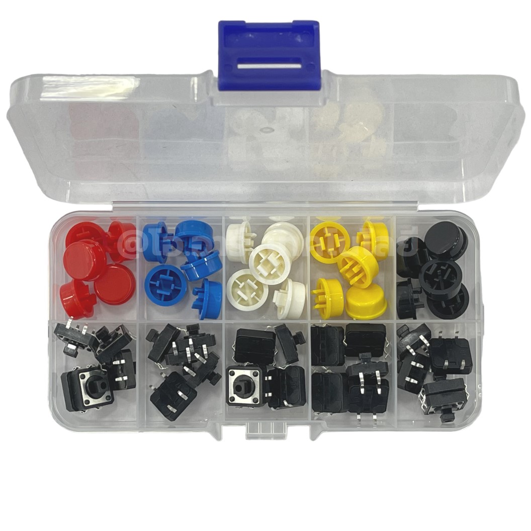 Push Button Kit ชุด ปุ่มกด กดติด-ปล่อยดับ 25ชิ้น PCB Momentary Tactile Push Button Switch with CAP 5สี สีละ5ชิ้น Micro switch