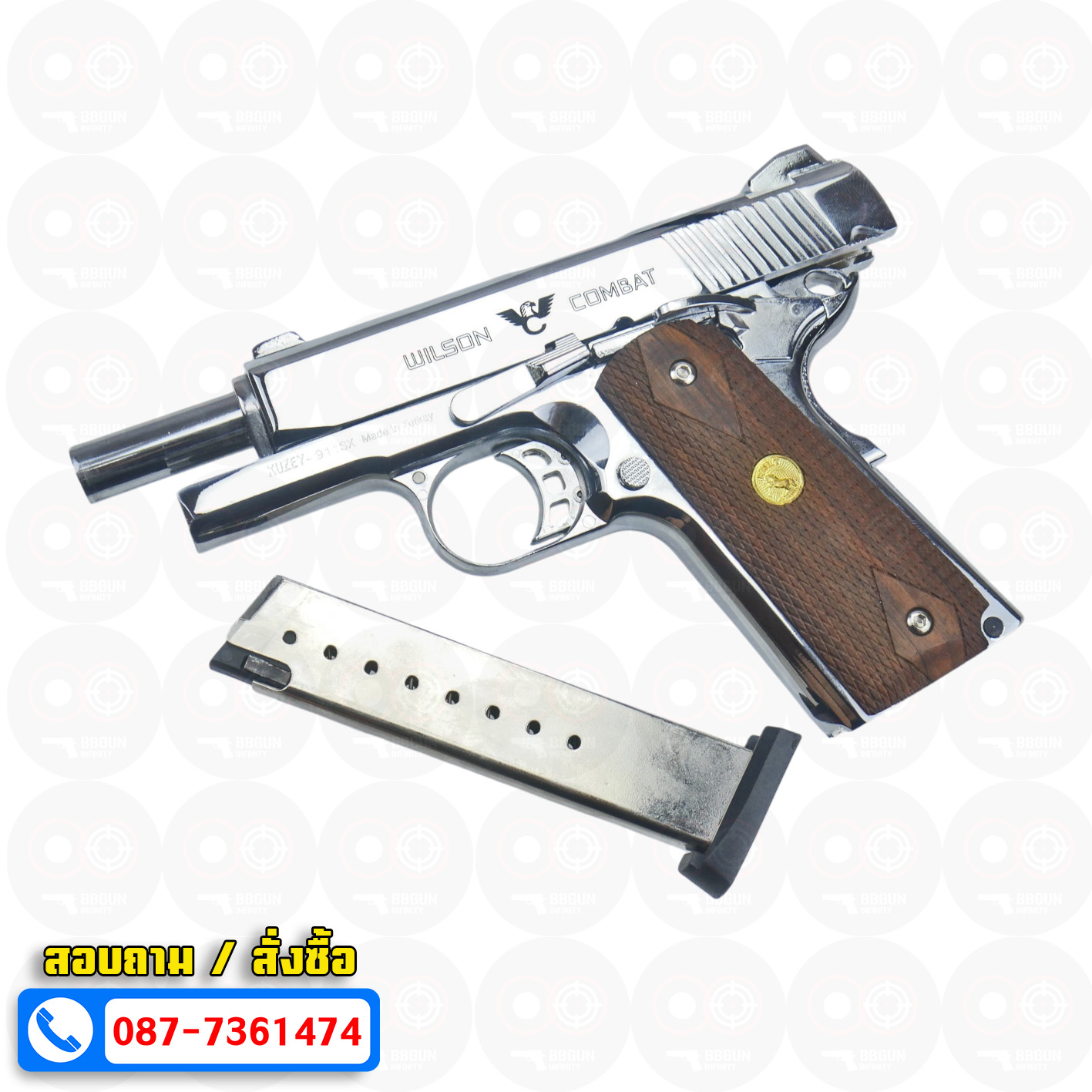 Blank Gun KUZEY M1911 WILSON COMBAT เงินเงา 4 นิ้ว แบลงค์กัน ด้ามไม้