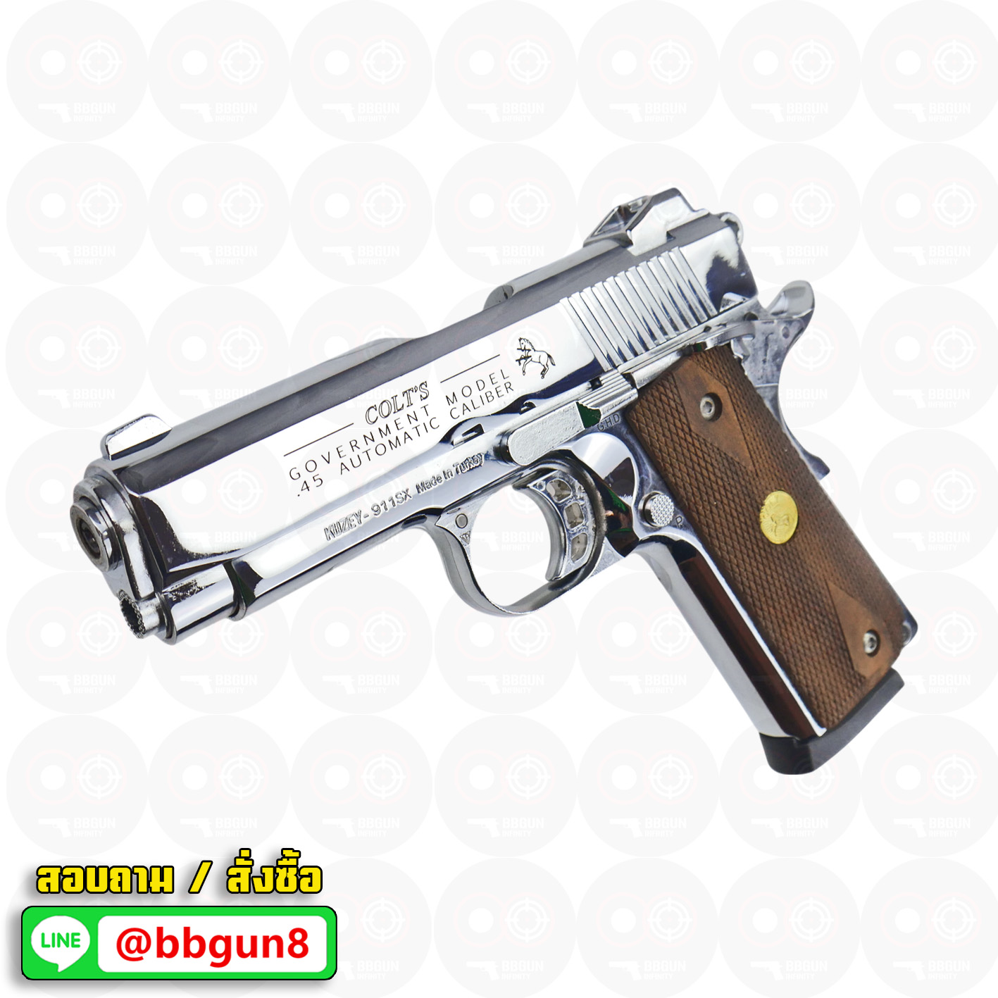 Blank Gun KUZEY M1911 Colt Government 100 Years ลํากล้อง 4 นิ้ว เงินเงา แบลงค์กัน ด้ามไม้ (แถมกล่องใส่ปืน)