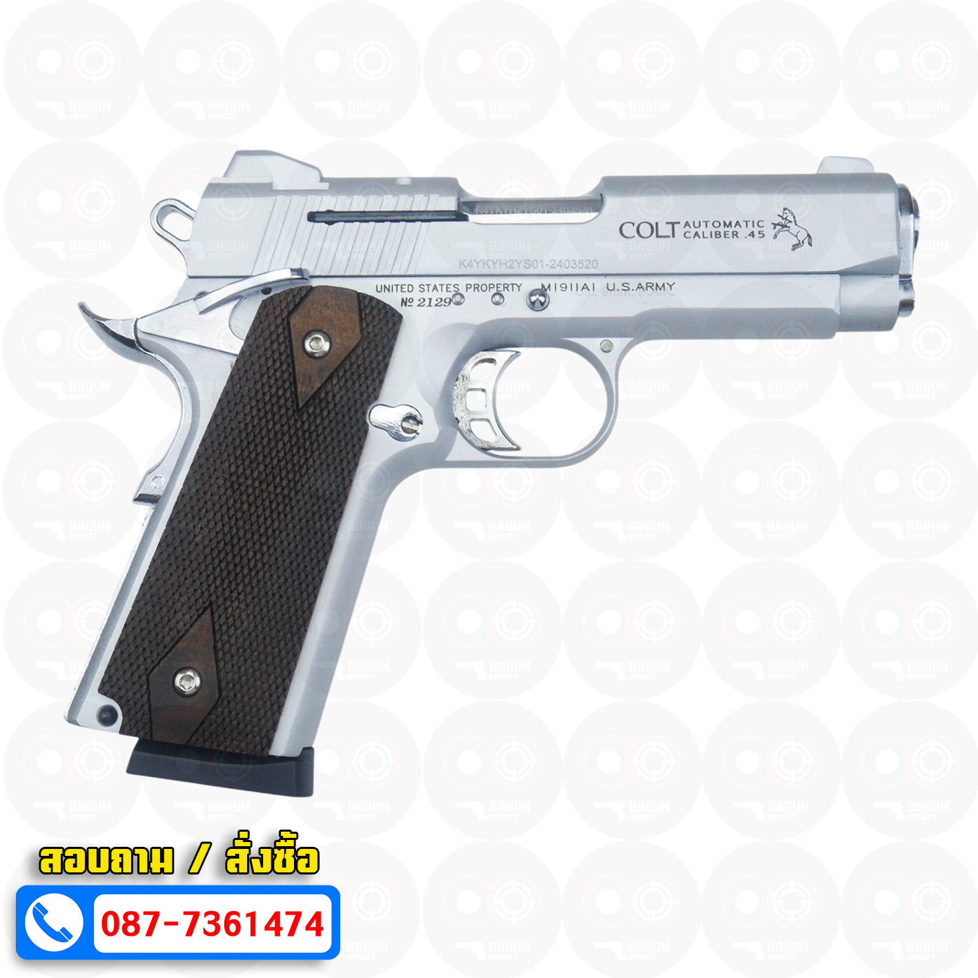 แบลงค์กัน KUZEY M1911 COLT MK IV SERIES 80 สีเงินด้าน 4 นิ้ว ด้ามไม้ Blank Gun