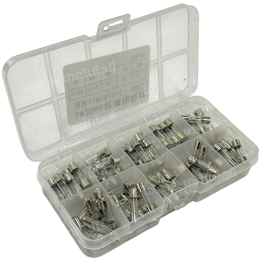 Fuse box 100pcs 5x20mm ชุดฟิวส์ 100ชิ้น 10ค่า ค่าละ 10ชิ้น Fuse tube glass with component box 0.2A~20A ฟิวส์ไฟฟ้า