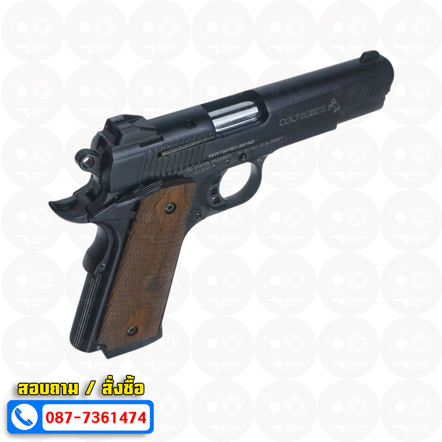 แบลงค์กัน KUZEY M1911 COLT'S MK IV SERIES'70 สีดำ ลำกล้อง 5 นิ้ว ด้ามไม้ blank gun