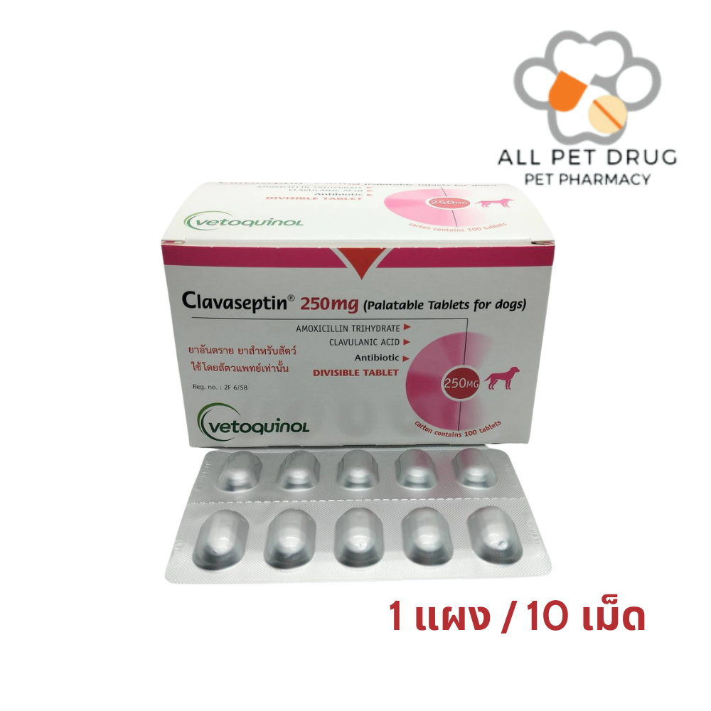 Clavaseptin 250 mg (1 แผง /10 เม็ด)คลาเซ็ปติน 250 มิลลิกรัม ลดการติดเชื้อ สุนัขและแมว