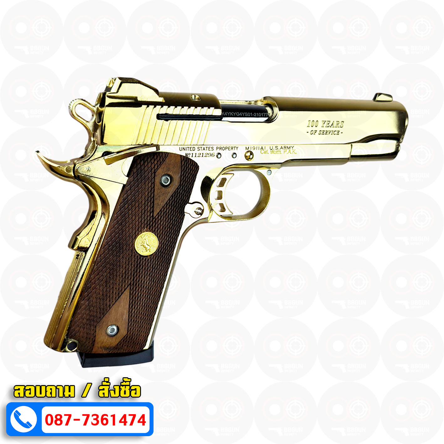 แบลงค์กัน KUZEY M1911 5 นิ้ว COLT GOVERMENT 100 Year สีทอง blank gun ด้ามไม้