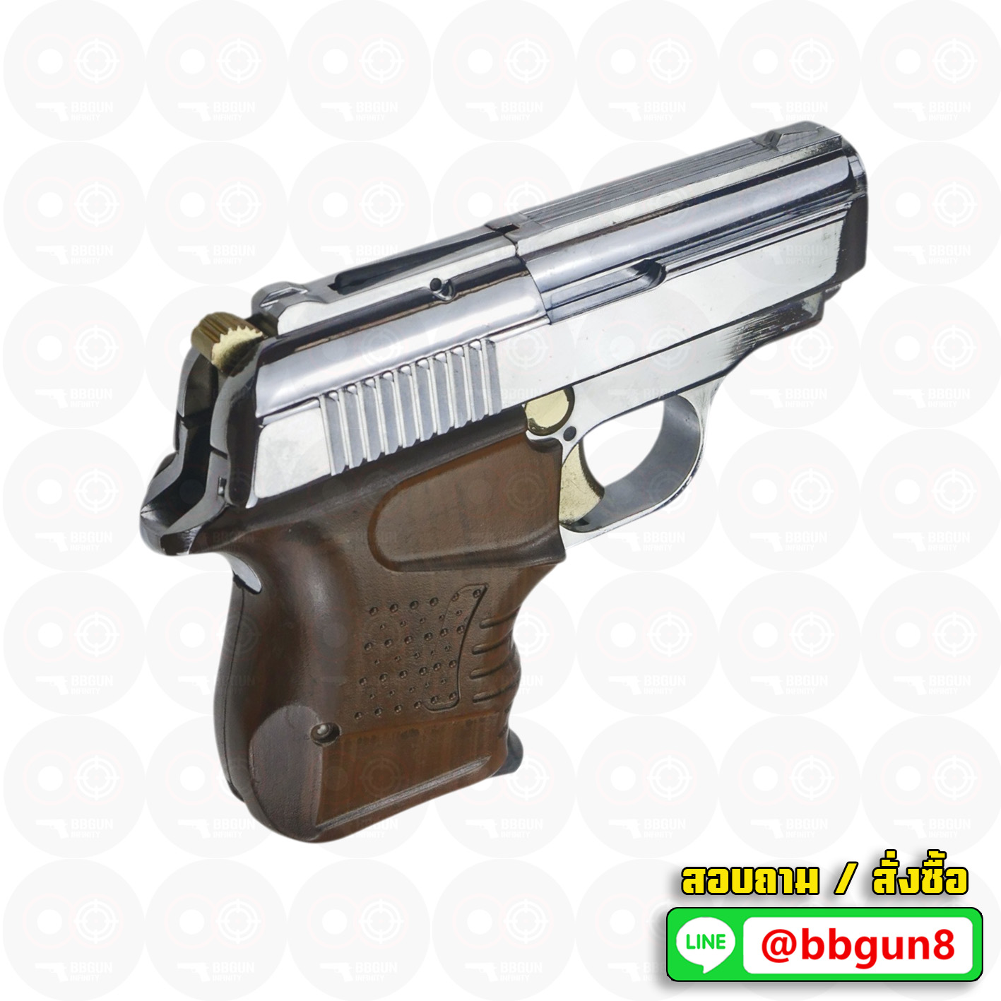แบลงค์กัน BLOW MINI 9 สีเงินเงาไกทองด้ามลายไม้ GOLDEN PARTS WOODEN GRIPS Blank Gun ( 2 แม็กกาซีน + กล่องปืน )
