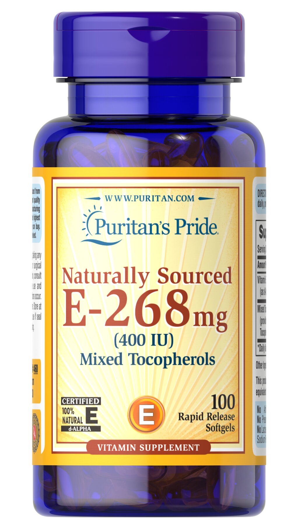 Puritan's Pride Natural E 268 mg.(400 I.U) mixed Tocopherols 100 softgels ดูดซึมดีกว่าวิตามินอีทั่วไปและมีครบทั้ง 4 แบบ