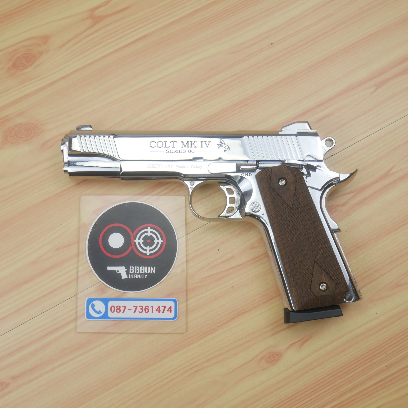 แบลงค์กัน KUZEY M1911 COLT MK IV SERIES 80 สีเงินเงา 5 นิ้ว ด้ามไม้ Blank Gun