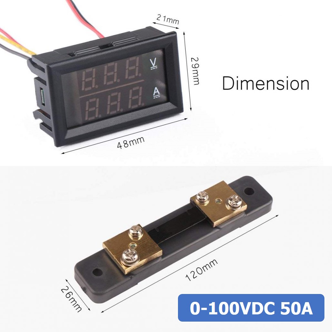 (1ชิ้น) NC070 หน้าจอวัดแรงดันและกระแส โวลล์-แอมป์มิเตอร์ 0.56" 100V 50A Dual LED Voltmeter Ammeter Blue+Red