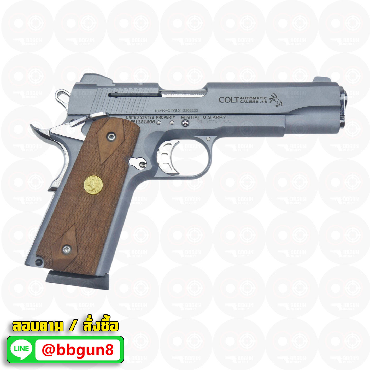 Blank Gun KUZEY M1911 COLT'S DEFENDER SERIES 90 ลำกล้อง 5 นิ้ว สีสโมค แบลงค์กัน ด้ามไม้ (แถมกล่องใส่ปืน)