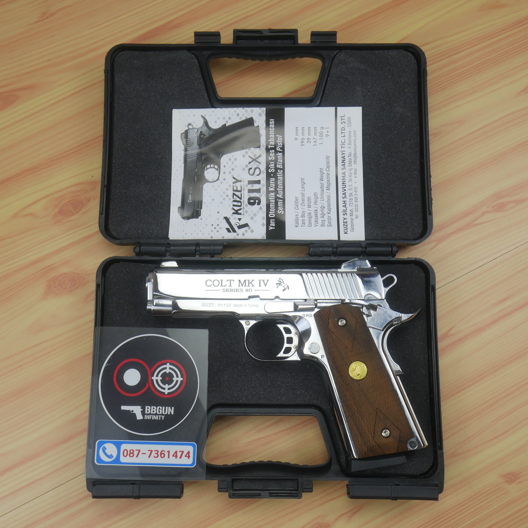 Blank Gun KUZEY M1911 COLT MK IV SERIES 80 ลำกล้อง 4 นิ้ว เงินเงา แบลงค์กัน ด้ามไม้ (แถมกล่องใส่ปืน)