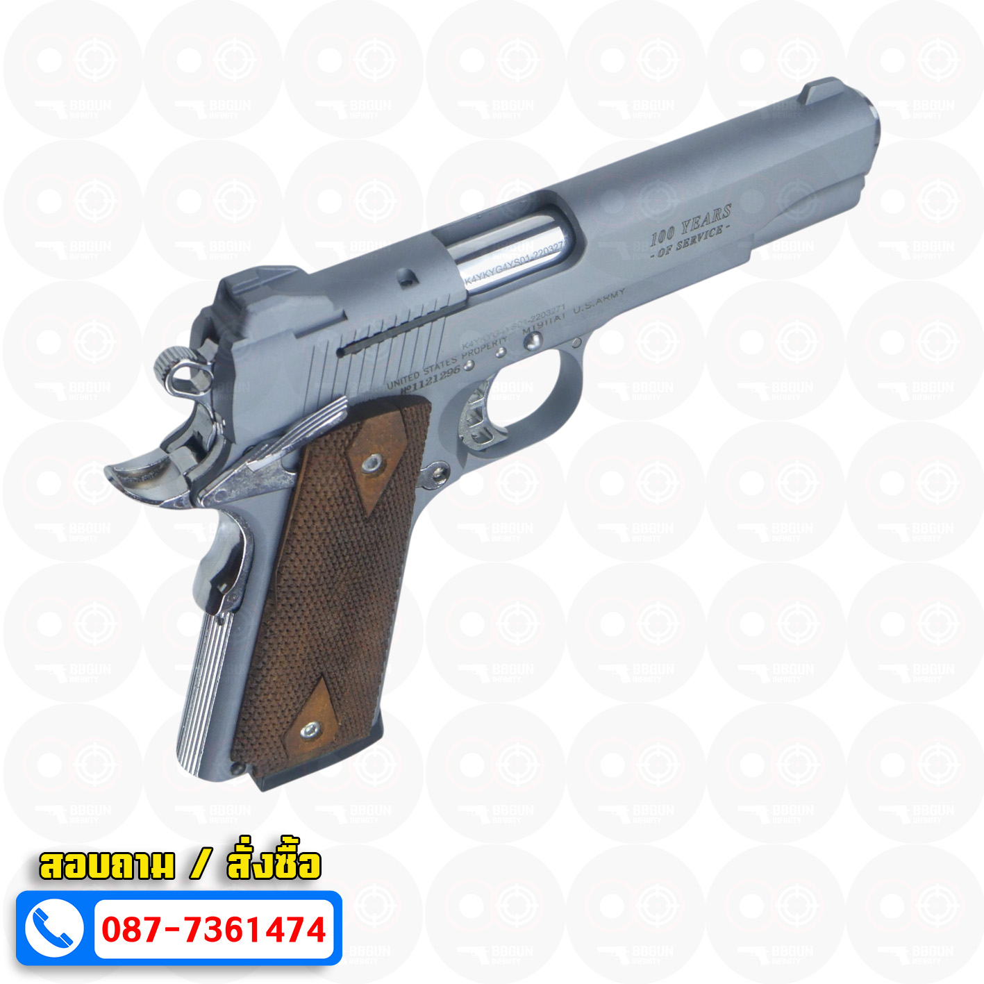 แบลงค์กัน KUZEY M1911 COLT GOVERMENT 100 Year Smoke 5 นิ้ว สีสโมค blank gun ด้ามไม้
