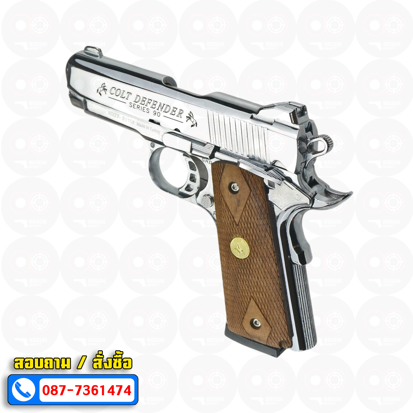 Blank Gun KUZEY M1911 COLT'S DEFENDER SERIES 90 ลำกล้อง 4 นิ้ว เงินเงา แบลงค์กัน ด้ามไม้ (แถมกล่องใส่ปืน)