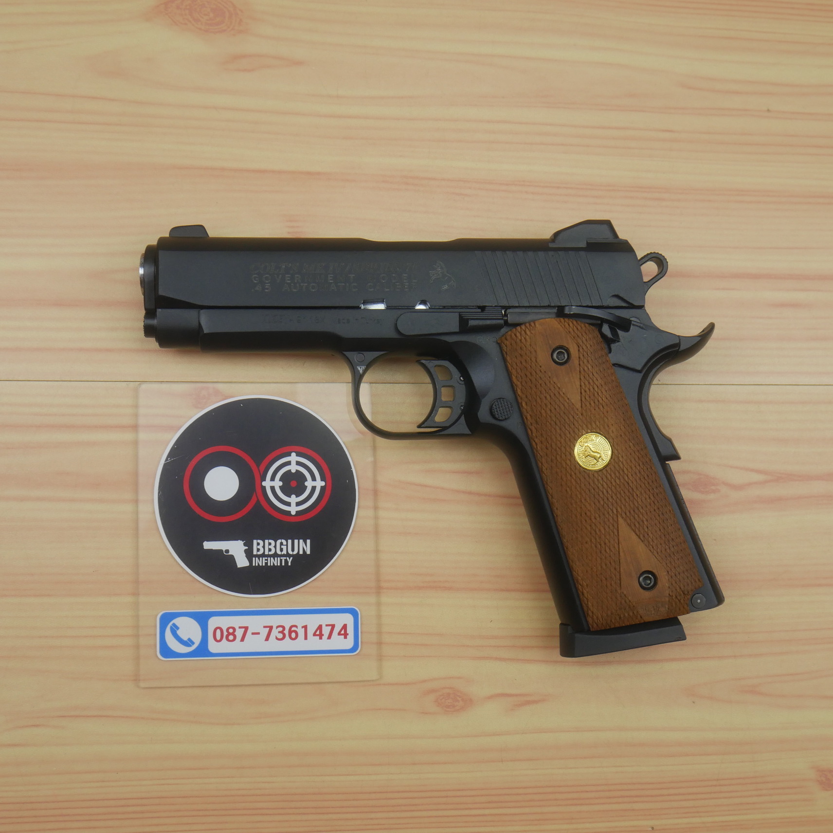 แบลงค์กัน KUZEY M1911 COLT MK IV SR70 สีดำ 4 นิ้ว ด้ามไม้ กระดุมทอง blank gun