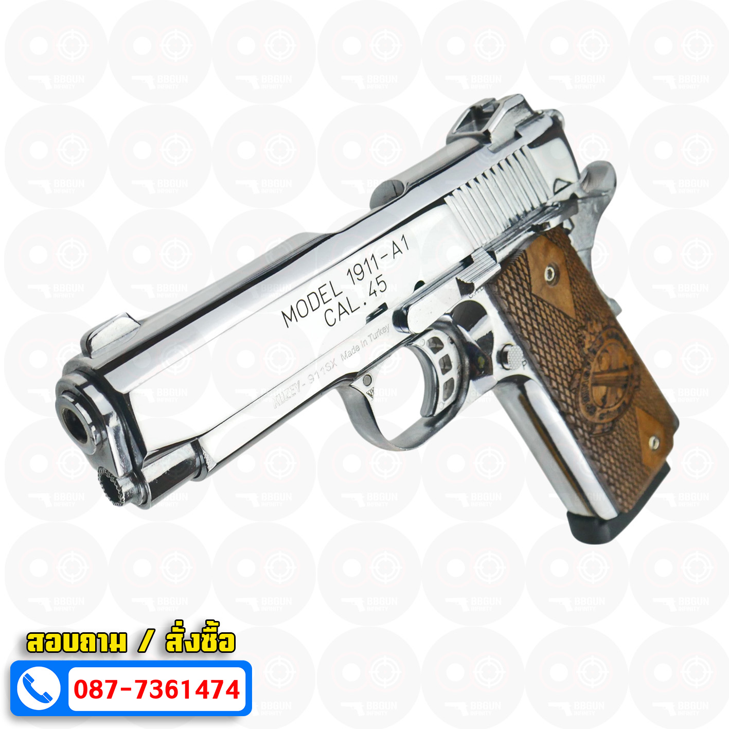 แบลงค์กัน KUZEY M1911-A1 ลำกล้อง 4 นิ้ว SPRINGFIELD ARMORY สีเงินเงา blank gun ด้ามไม้ (แถมกล่องใส่ปืน)