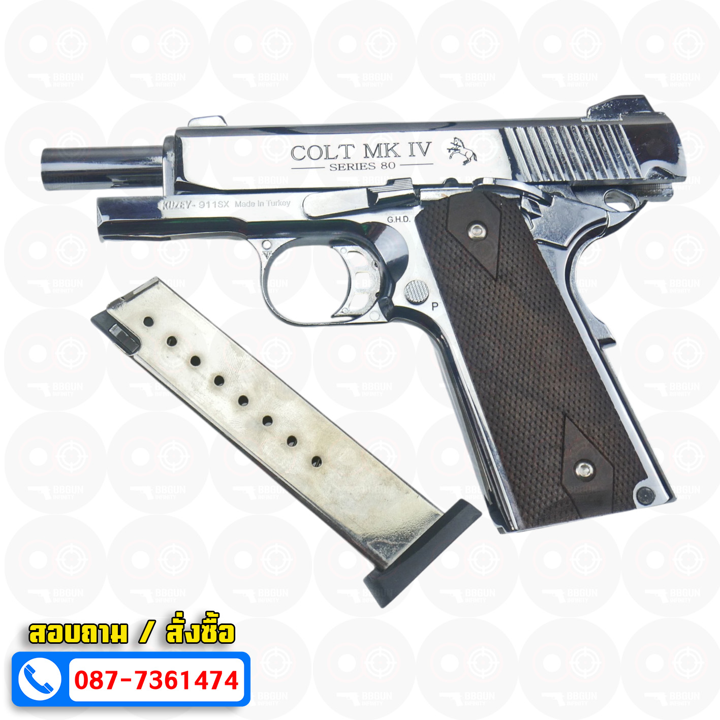 แบลงค์กัน KUZEY M1911 COLT'S MK IV SERIES 80 blank gun สีเงินเงา ลำ 4 นิ้ว ด้ามไม้