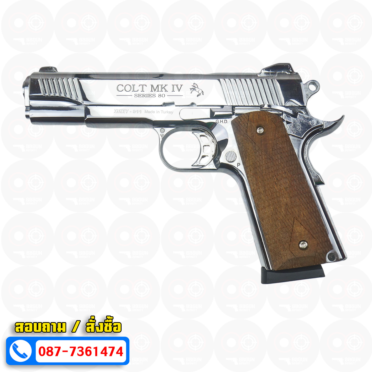 แบลงค์กัน KUZEY M1911 COLT MK IV SERIES 80 สีเงินเงา 5 นิ้ว ด้ามไม้ Blank Gun