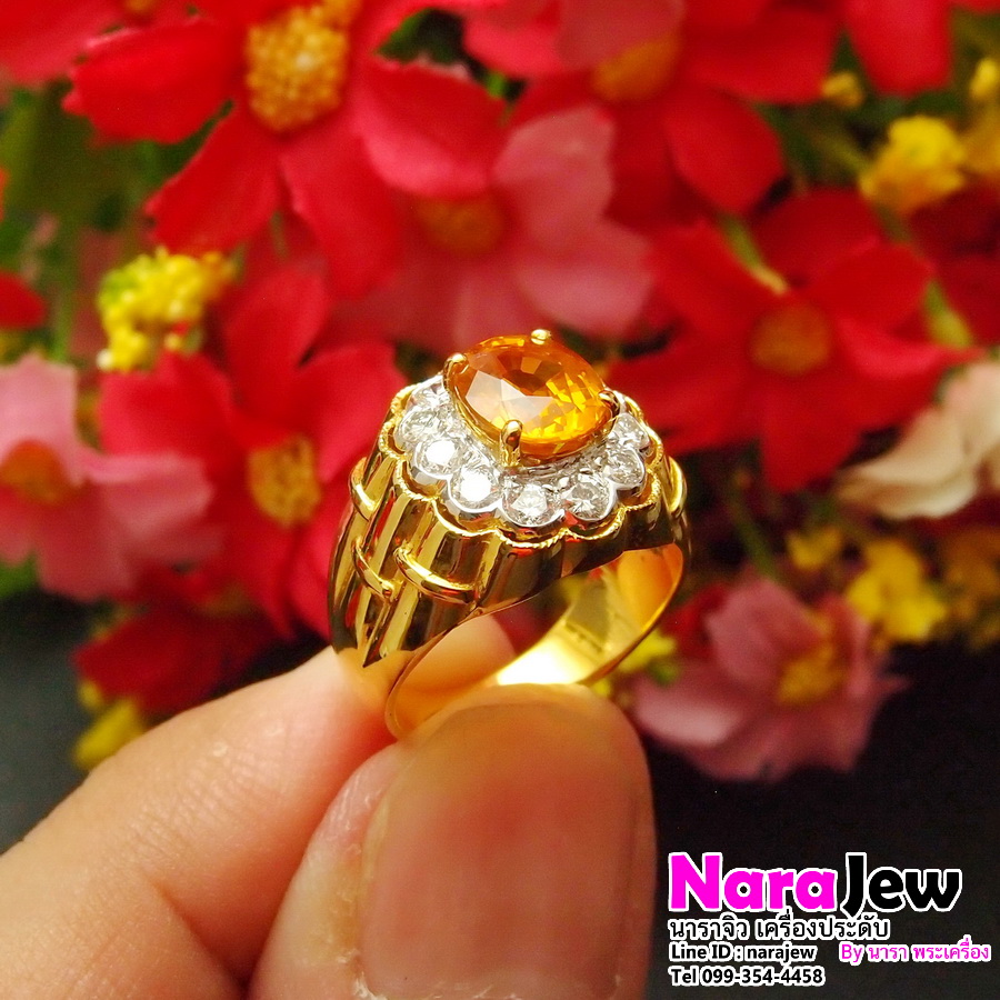 แหวนบุษราคัมชาย ล้อมเพชรแท้ บุษราคัม ซีลอน สี Vivid Yellow Sapphire พร้อมใบเซอร์สถาบันอัญมณี GBL หลุดจำนำ