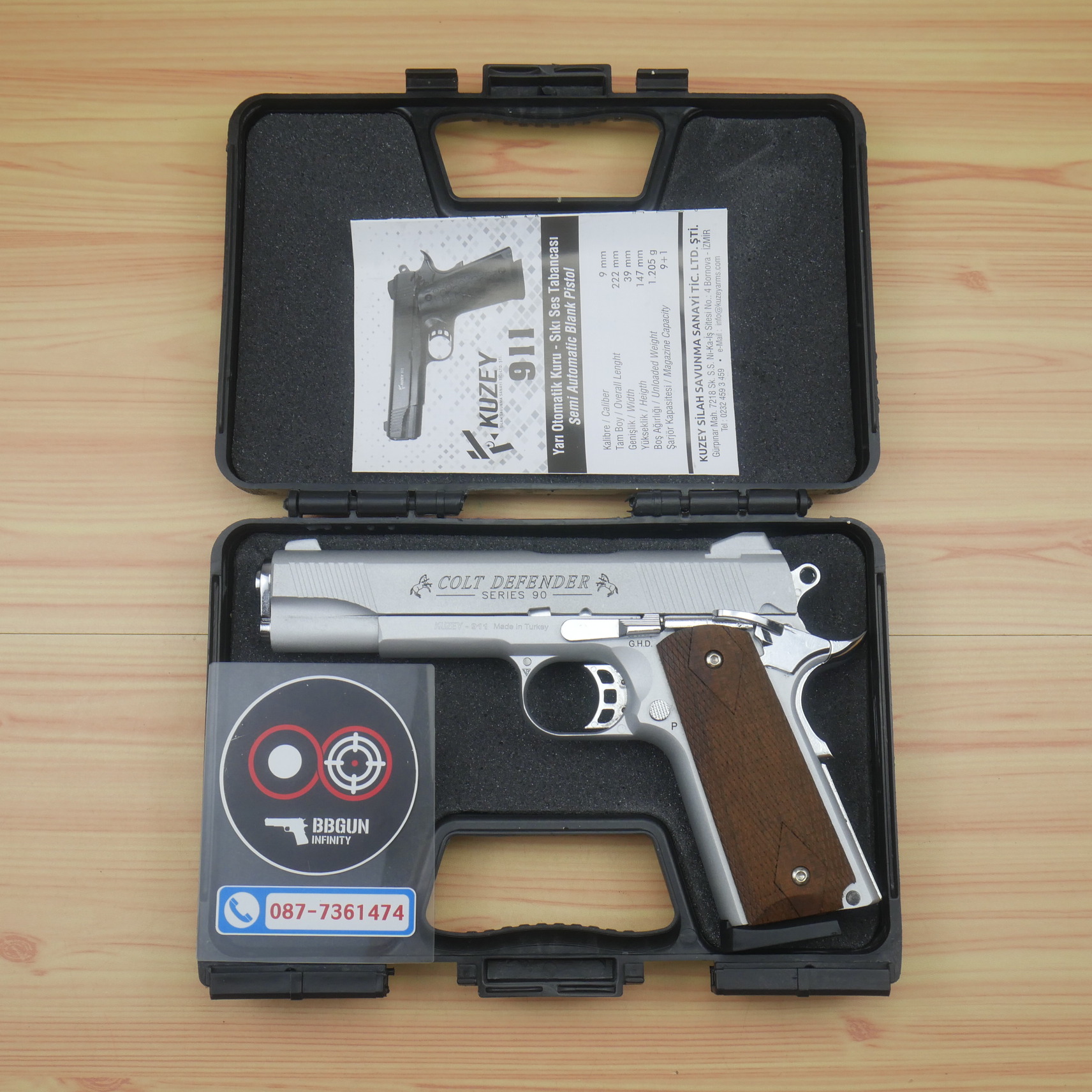 แบลงค์กัน KUZEY M1911 COLT'S DEFENDER SERIES 90 สีเงินด้าน 5 นิ้ว ด้ามไม้ Blank Gun
