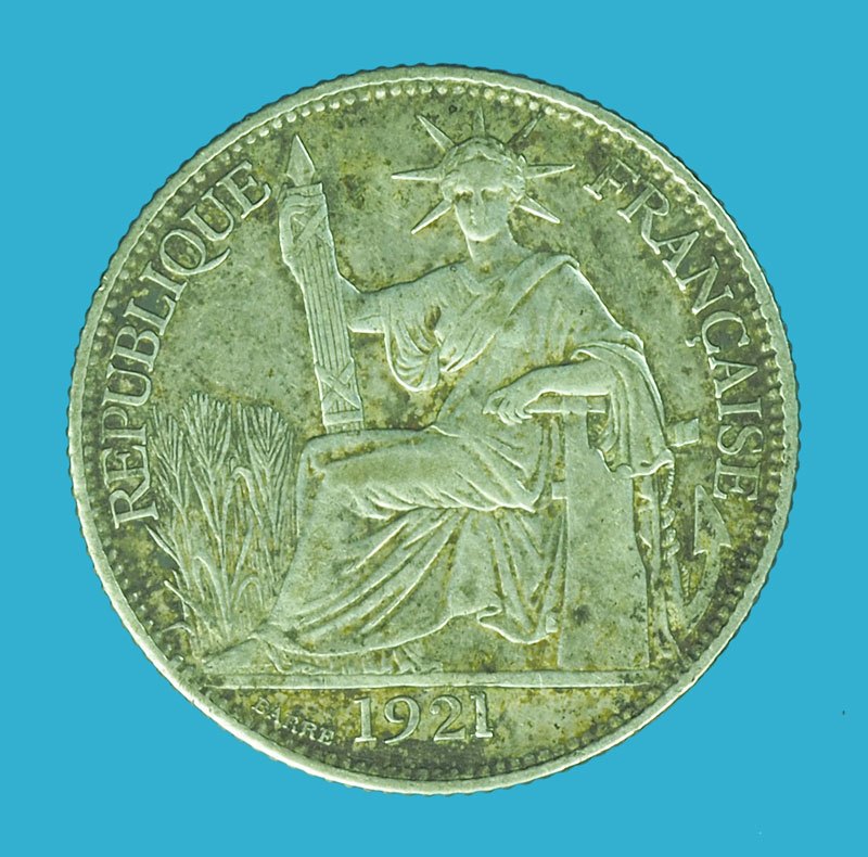 *39457 เหรียญฝรั่งเศส - อินโดจีน ปี ค.ศ. 1921 ราคาหน้าเหรียญ 20 เซนต์ เนื้่อเงิน 10.1