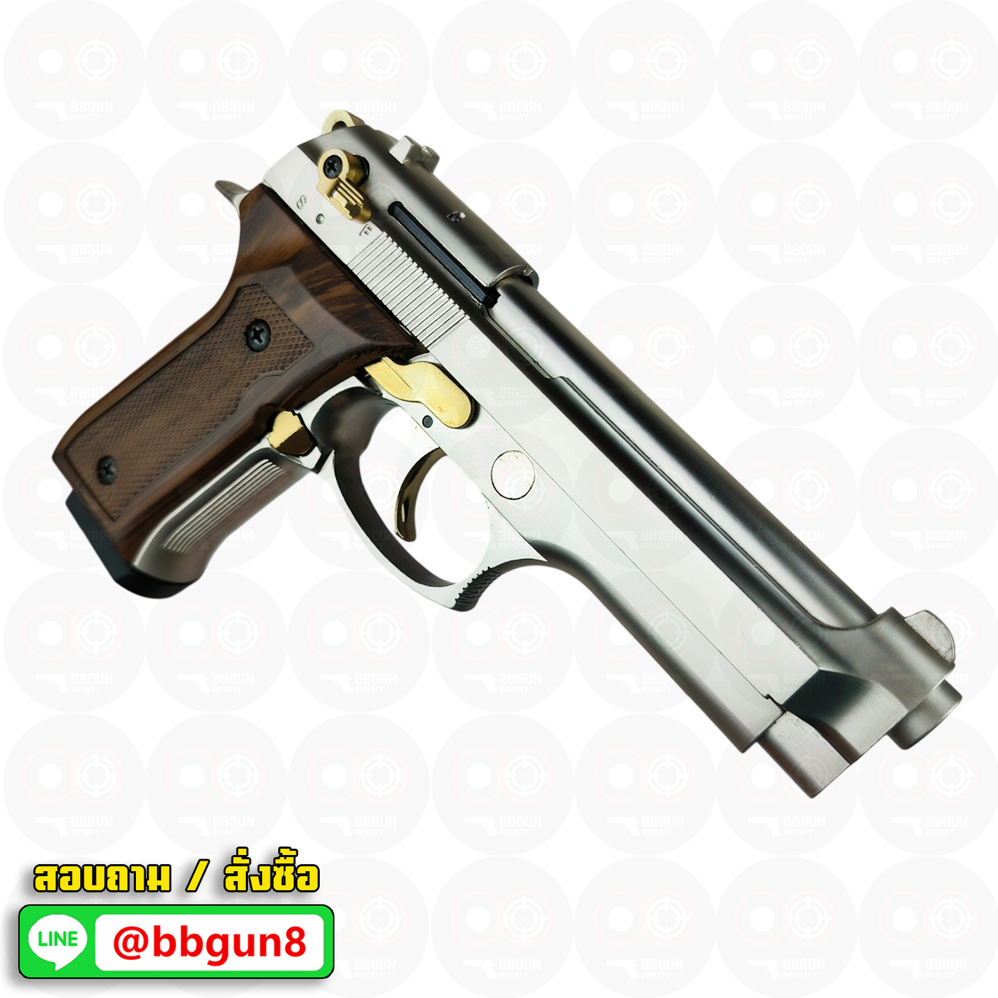 แบลงค์กัน BLOW F92 AUTO SATINA GOLDEN PARTS WOODEN GRIPS สีซาติน ไกทอง ด้ามลายไม้ Blank Gun ( 2 แม็กกาซีน + กล่องปืน )